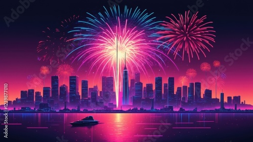  a vibrant city skyline illuminated by a spectacular fireworks display