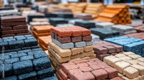 A variety of colorful paving bricks stacked for construction purposes.