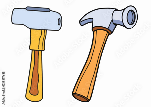 Cartoon Style Hammer with Wooden Handle and Metal Head Isolated on White Background