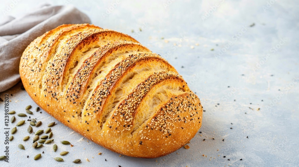 Artisan bread loaf with seeds rustic kitchen food inviting atmosphere close-up freshly baked delight Artisan bread loaf with seeds rustic kitchen food inviting atmosphere close-up freshly baked delight