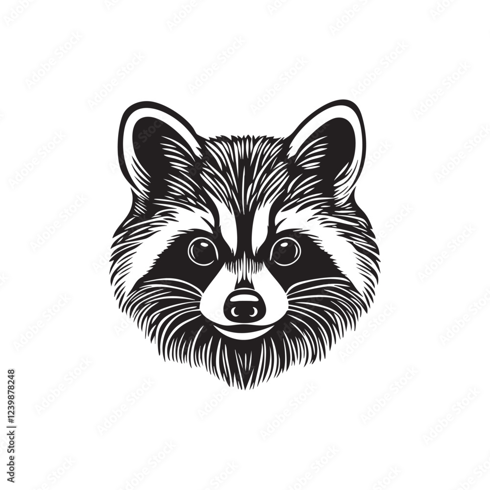 Detailed monochrome vector of a raccoon head, curious eyes, masked bandit, wildlife, ideal for logos, mascots, prints, nature themes. Easy editable layere, Wildlife Animals. Detailed monochrome vector of a raccoon head, curious eyes, masked bandit, wildlife, ideal for logos, mascots, prints, nature themes. Easy editable layere, Wildlife Animals.