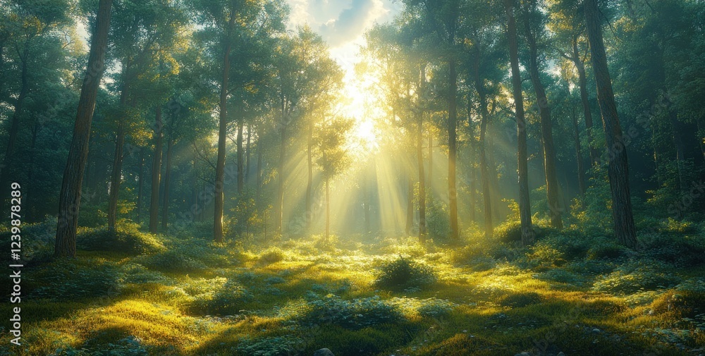 Fototapeta premium Morning Sunlight Filtering Through Moss-Covered Trees in Serene Forest
