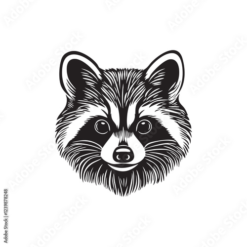 Detailed monochrome vector of a raccoon head, curious eyes, masked bandit, wildlife, ideal for logos, mascots, prints, nature themes. Easy editable layere, Wildlife Animals.
