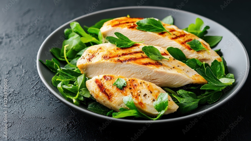 Grilled chicken breast served on a bed of fresh greens, highlighting a healthy meal option. Grilled chicken breast served on a bed of fresh greens, highlighting a healthy meal option.