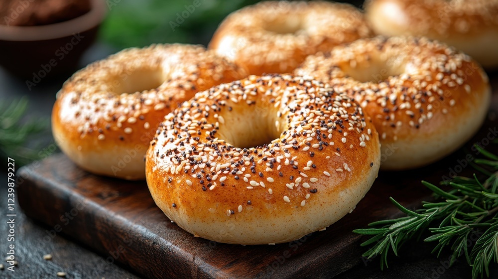 Delicious Sesame and Poppy Seed Bagels on Rustic Wooden Board Delicious Sesame and Poppy Seed Bagels on Rustic Wooden Board