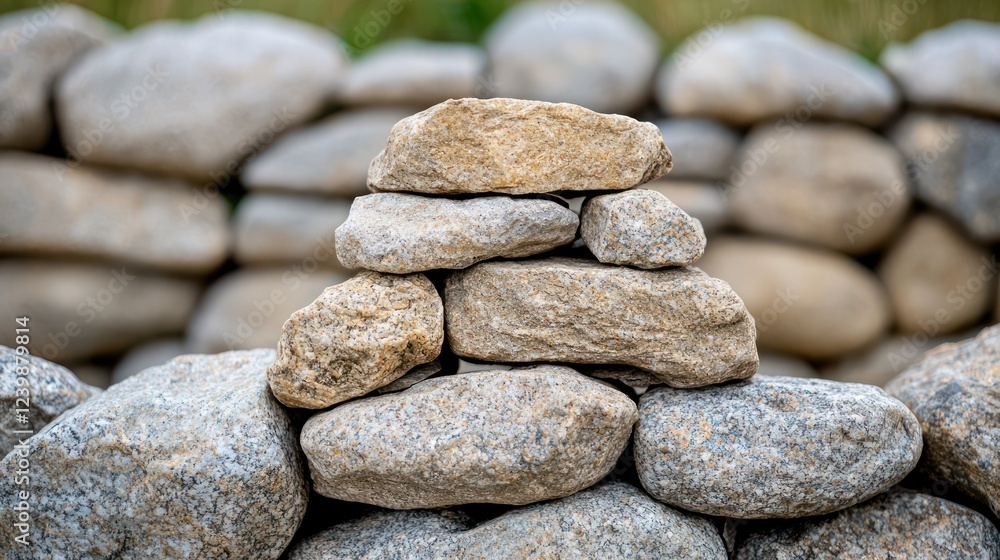 A small stack of stones arranged neatly against a backdrop of larger stones. A small stack of stones arranged neatly against a backdrop of larger stones.