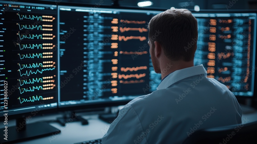 Personalized Medicine Concepts. Professional analyzing data on multiple monitors in a tech environment. Personalized Medicine Concepts. Professional analyzing data on multiple monitors in a tech environment.