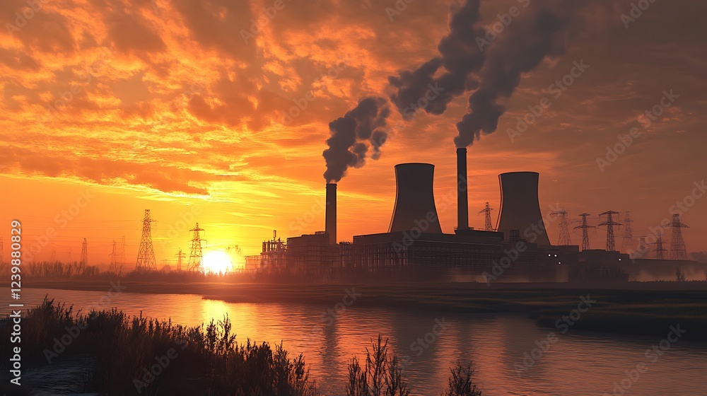 Industrial plant at sunset emitting smoke into the orange sky, reflected in calm water. Industrial plant at sunset emitting smoke into the orange sky, reflected in calm water.