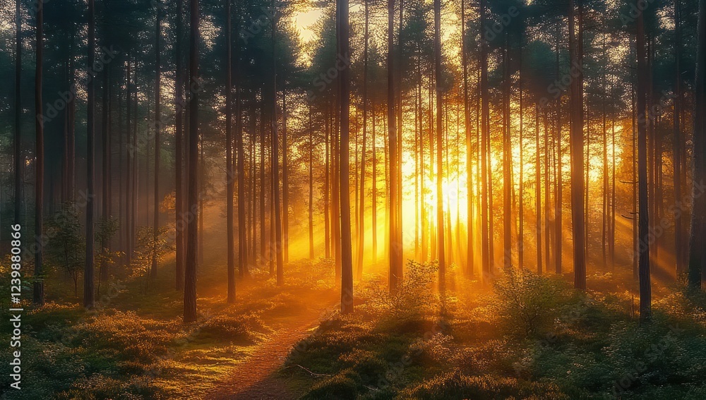 Fototapeta premium Peaceful Sunrise in Serene Forest with Sunbeams and Mist
