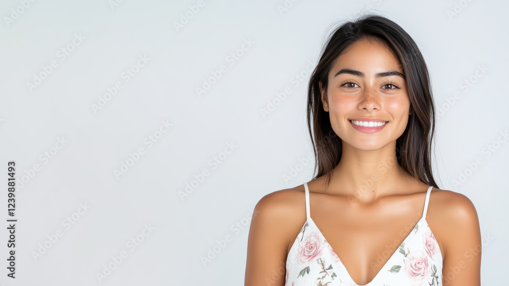 Fototapeta premium Hispanic woman wearing a white dress with a rose pattern smiling isolated