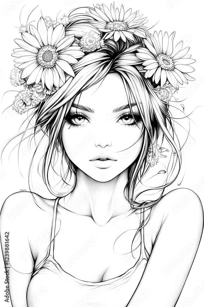 A woman with a flower headband is wearing a white tank top. A woman with a flower headband is wearing a white tank top.