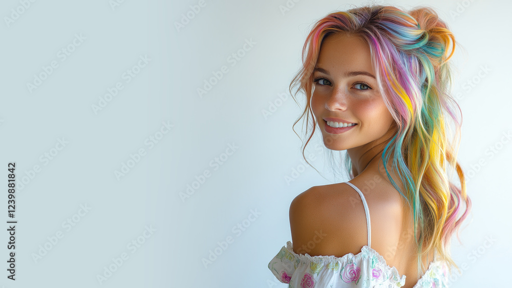 Obraz premium Colourful hair woman wearing a white dress with a rose pattern smiling isolated