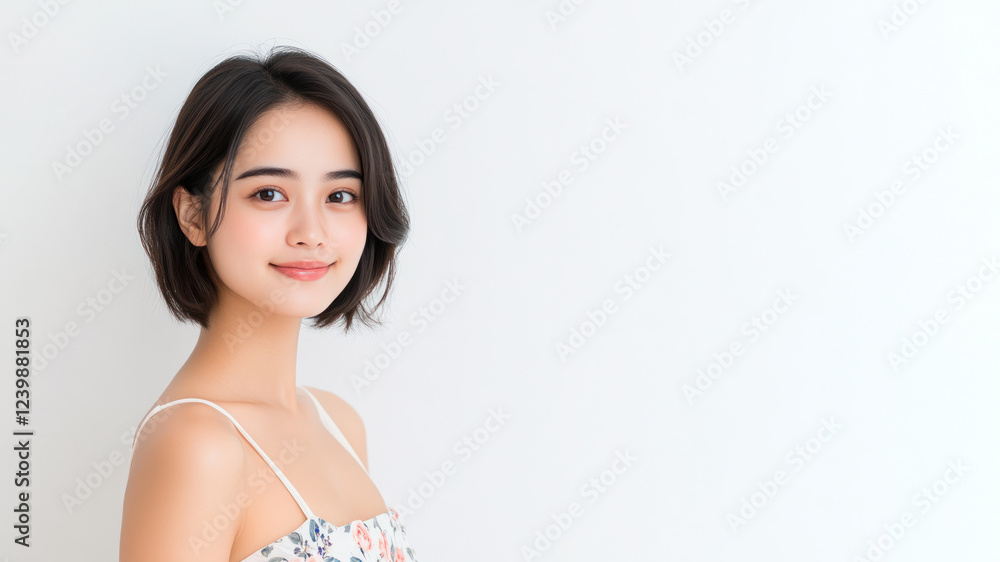 Malay woman wearing a white dress with a rose pattern smiling isolated Malay woman wearing a white dress with a rose pattern smiling isolated
