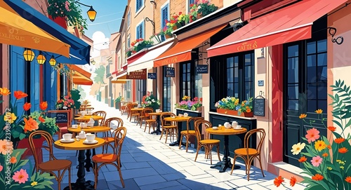 Wallpaper Mural Side street with small cafes their tables adorned with colorful flowers and tea sets illustration Torontodigital.ca