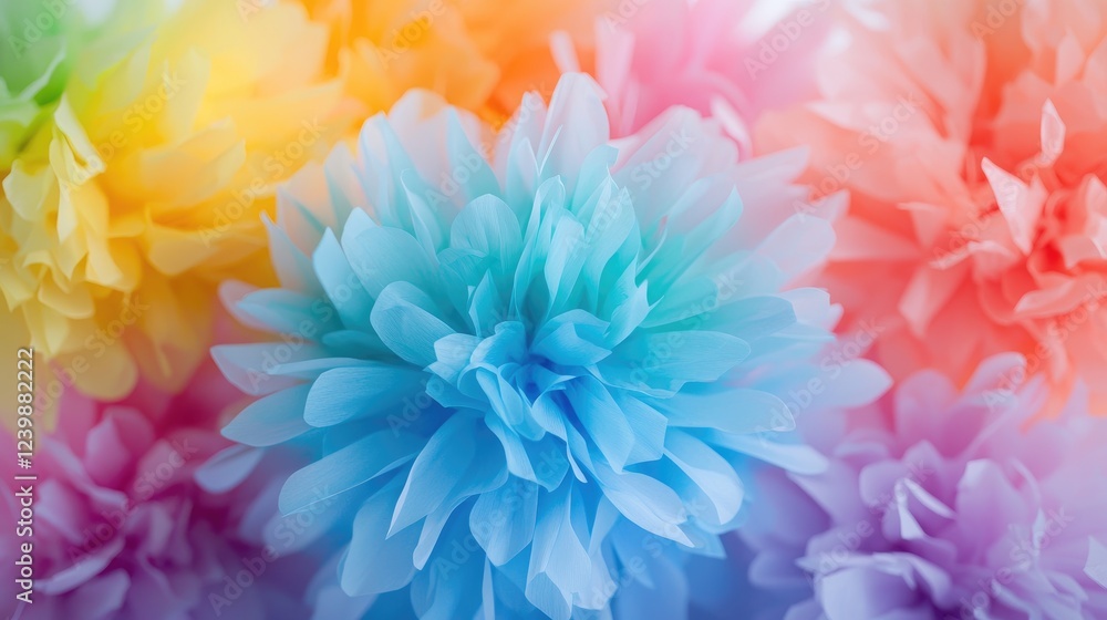 Obraz premium Rainbow paper flowers, close-up, festive background, party decor