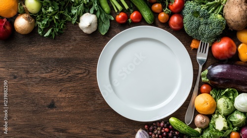 A white plate surrounded by fresh vegetables on a wooden table, suggesting a healthy meal.