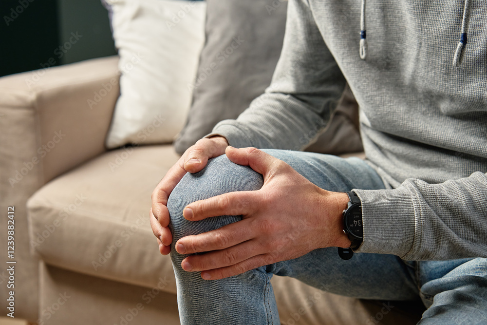 Close-up of man gripping his knee in discomfort while sitting on couch. Man in casual clothing suffering from knee or joint pain due to injury in living room
