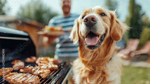 A happy dog near a barbecue with grilled meat and a person holding a plate of food.