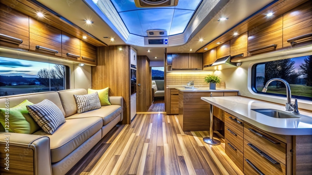Obraz premium Upscale Modern Camper Van Motorhome Interior Displayed in Showroom