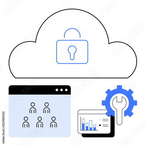 Cloud with lock highlighting security, user interface with avatars for team management, analytics graph, and gear icon for settings. Ideal for cybersecurity, cloud management, team collaboration