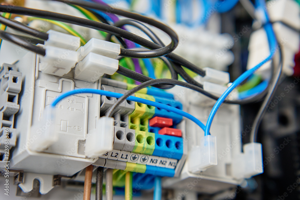 Colorful wires and components connected to terminal block in distribution box. Electrical circuit board with wiring and connections Colorful wires and components connected to terminal block in distribution box. Electrical circuit board with wiring and connections