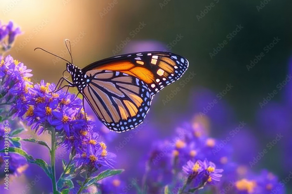 Obraz premium Monarch butterfly on vibrant purple aster flowers in summer garden habitat