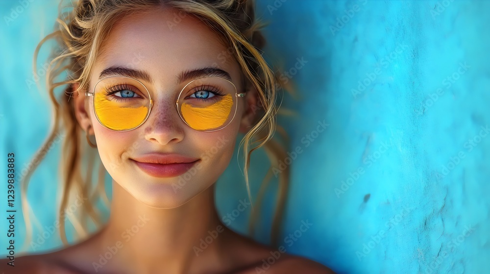 A woman with blonde hair and blue eyes is wearing yellow sunglasses A woman with blonde hair and blue eyes is wearing yellow sunglasses