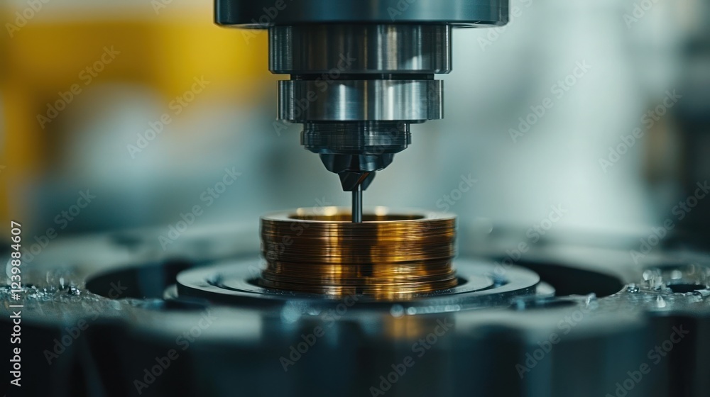 A close-up of a precision machining process on a metallic component. A close-up of a precision machining process on a metallic component.