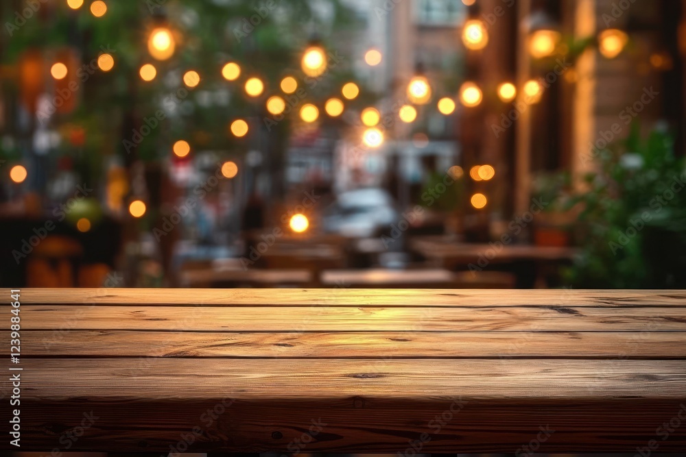 Wooden Table with Blurred Bokeh Background for Product Display in Cozy Café Setting Wooden Table with Blurred Bokeh Background for Product Display in Cozy Café Setting