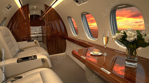Luxurious interior of a private jet with sunset view and elegant refreshments for a comfortable journey