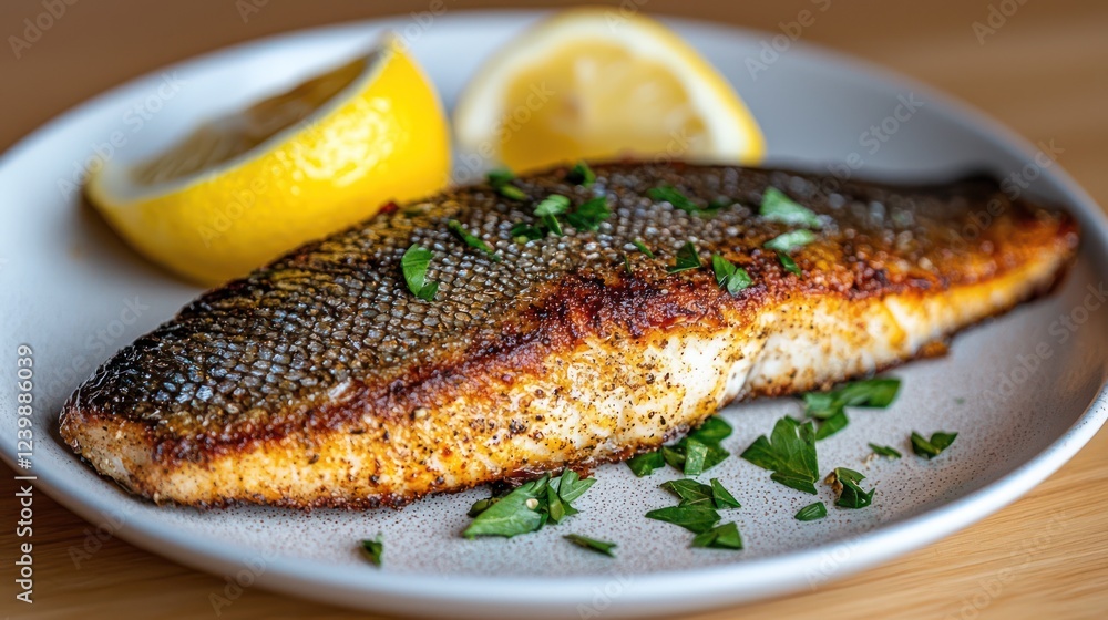 A beautifully cooked fish fillet garnished with parsley and served with lemon wedges.