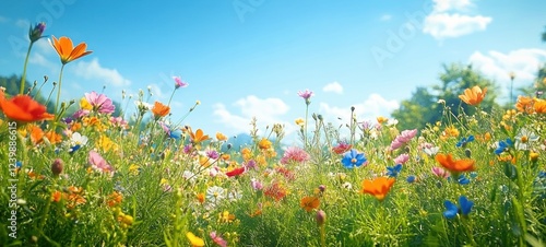 Fototapeta Naklejka Na Ścianę i Meble -  Wildflower Meadow Under Clear Blue Sky Sunlit Vibrant Flowers Lush Greenery Nature Landscape