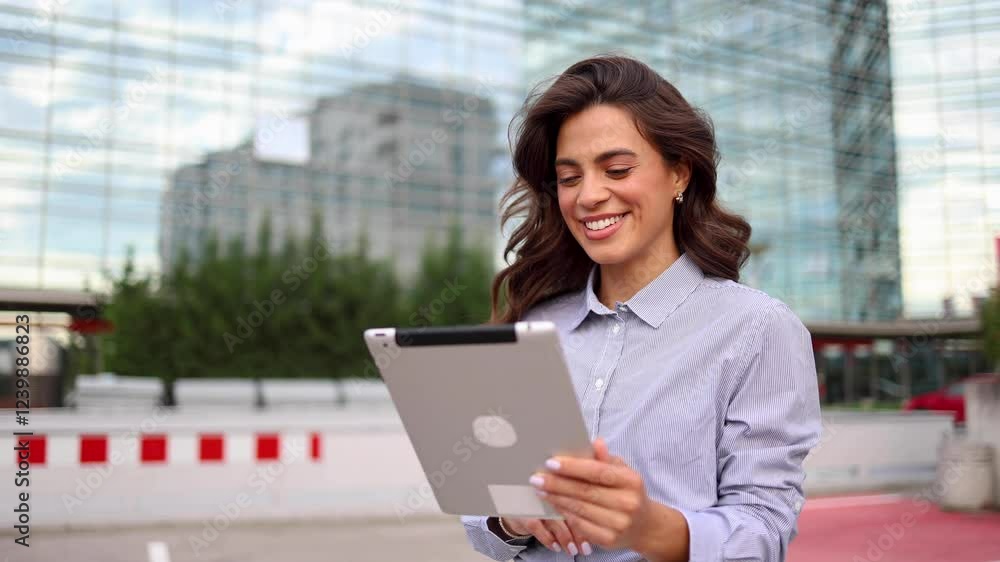 Female executive working on her tablet while on the street Female executive working on her tablet while on the street