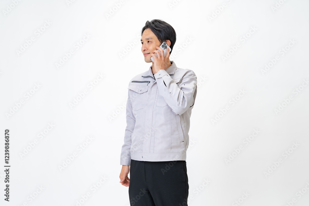 携帯を持ち電話をする作業着を着た男性