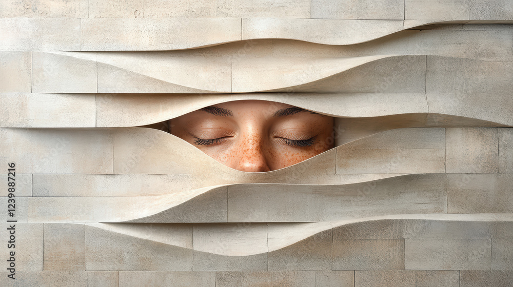 serene face partially hidden behind textured waves, evoking tranquility serene face partially hidden behind textured waves, evoking tranquility