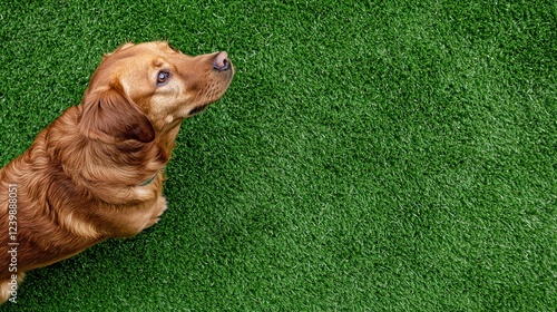 A golden dog looking up on a green artificial grass surface.