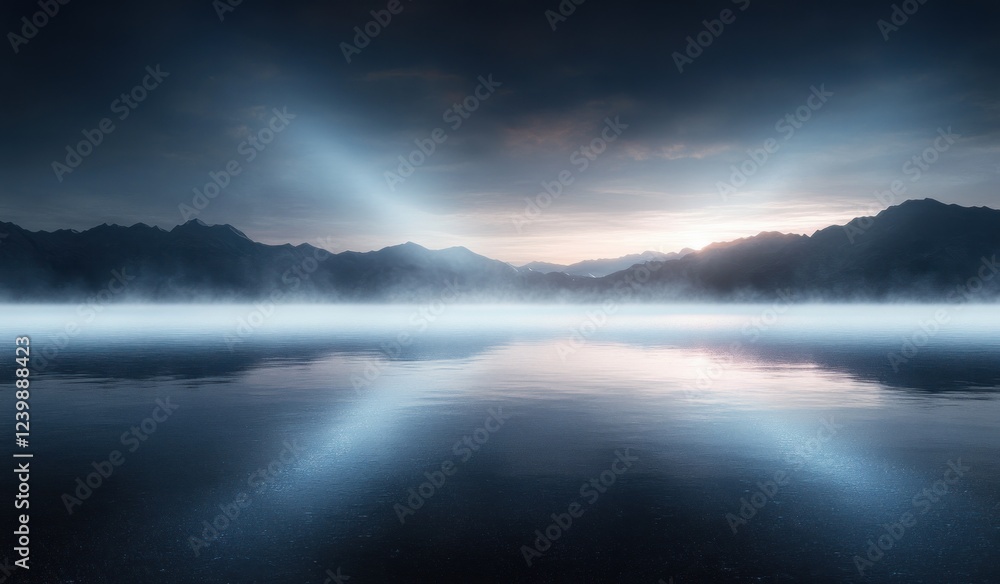 Naklejka premium Minimalist Twilight Landscape Smooth Reflective Surface Soft Blue Silver Light Mist