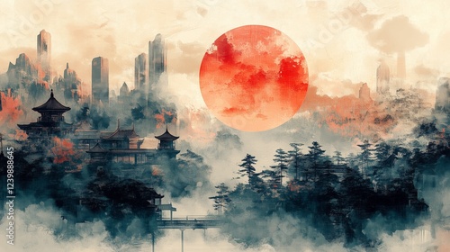 Ink wash freehand urban red sun