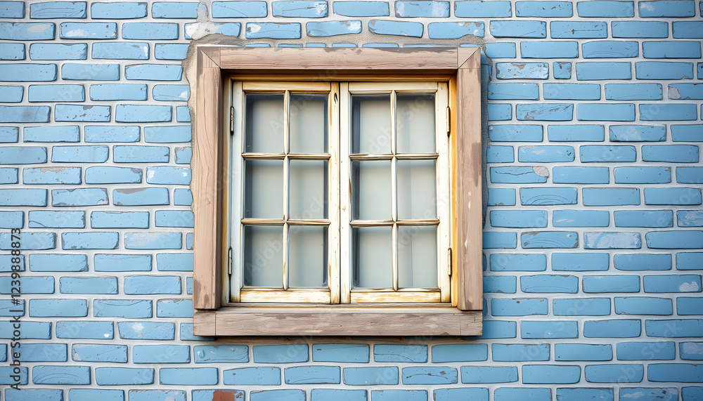 Fototapeta premium Shabby window and blue brick wall grunge texture background. isolated with white shades