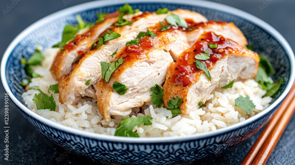 A bowl of rice topped with sliced chicken, garnished with cilantro and sauce. A bowl of rice topped with sliced chicken, garnished with cilantro and sauce.