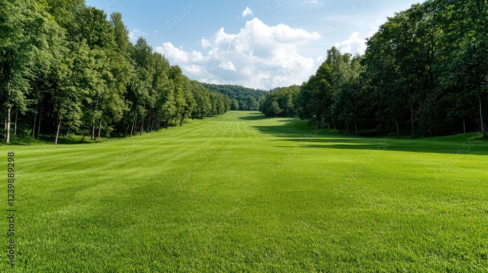 A serene landscape featuring a vast green field bordered by trees under a bright sky. A serene landscape featuring a vast green field bordered by trees under a bright sky.