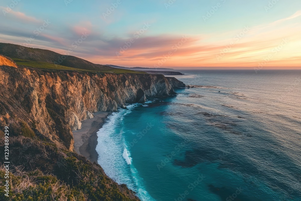 Obraz premium ethereal coastal vista with dramatic cliffs meeting turquoise waters at sunset