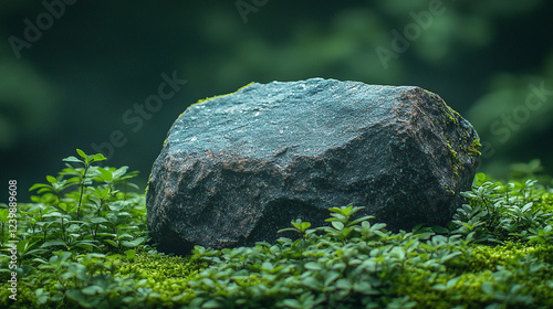 A large moss-covered rock rests serenely in a vibrant green forest, symbolizing stability and timelessness. Modern blurred empty caption space adds a contemporary, minimalist contrast.

