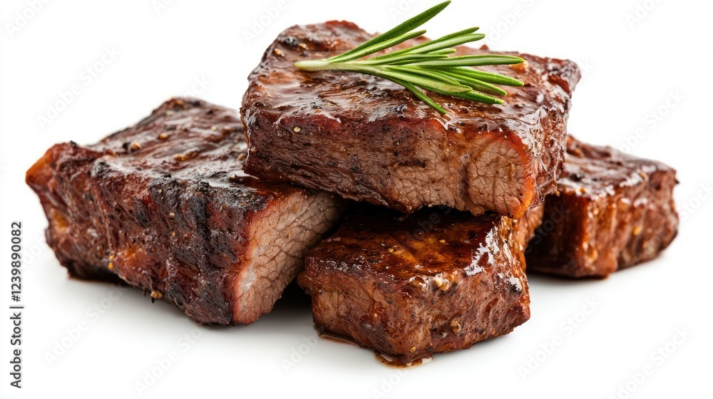 A stack of succulent grilled beef cubes garnished with a sprig of rosemary. A stack of succulent grilled beef cubes garnished with a sprig of rosemary.