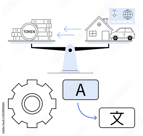 Scales balancing tokens with properties and cars, cogwheel illustration, and language translation symbols. Ideal for finance, blockchain, property trade, tech, automation, globalization abstract