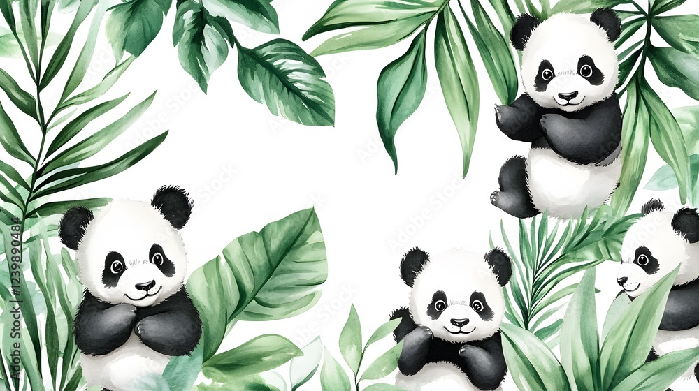 Fototapeta premium Adorable Baby Pandas Amongst Lush Tropical Greenery