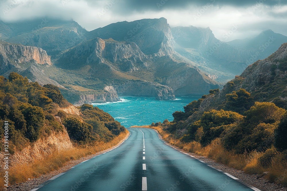 Obraz premium Coastal road journey, mountains backdrop