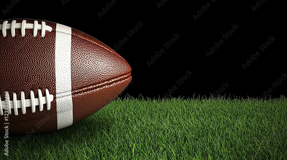 Obraz premium American Football Ball on Green Grass Field, Highlighting the Texture and Detail of the Ball with Natural Outdoor Lighting 