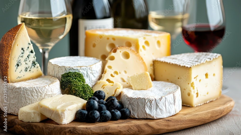 A beautifully arranged cheese platter with wine, fruits, and greenery for a delightful gathering.