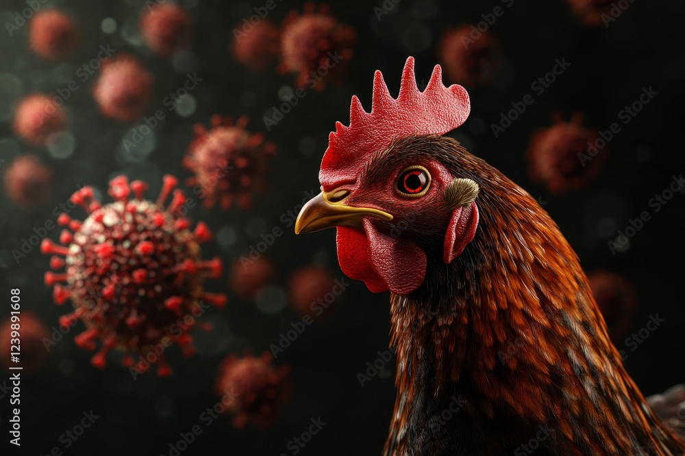 Fototapeta premium A chicken is standing in front of a red virus paritcle.